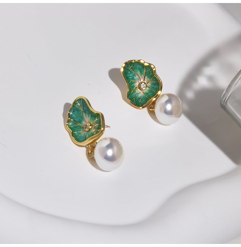 Gempoetry | Vintage Lotus Leaf Pearl Earrings with Enamel Light Luxury and High Quality Charm Earrings and Earrings