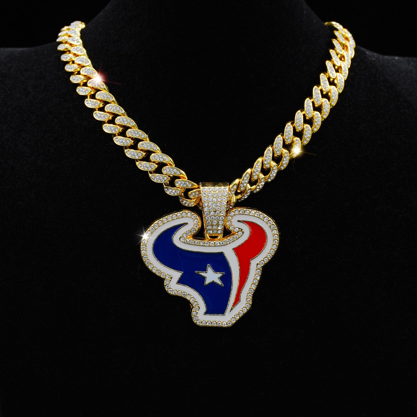 Gempoetry | NFL Houston Texans fashion red and blue oil dripping NFL football team pendant necklace men's hip-hop versatile full diamond Cuban chain