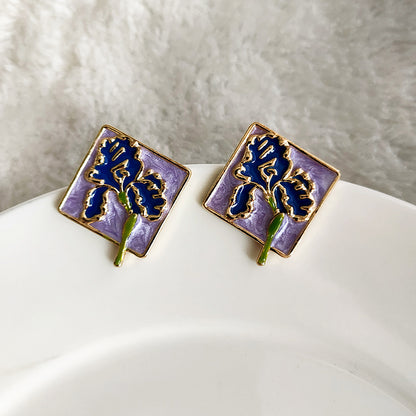 Gempoetry | Vintage enamel purple square drip flower retro court earrings with high-end Hong Kong style temperament earrings for women