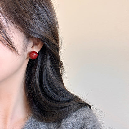 Gempoetry | Silver Needle Ankela Red Round Drop Glazed Bean Earrings, niche fashion temperament earrings, Hong Kong style minimalist retro earrings