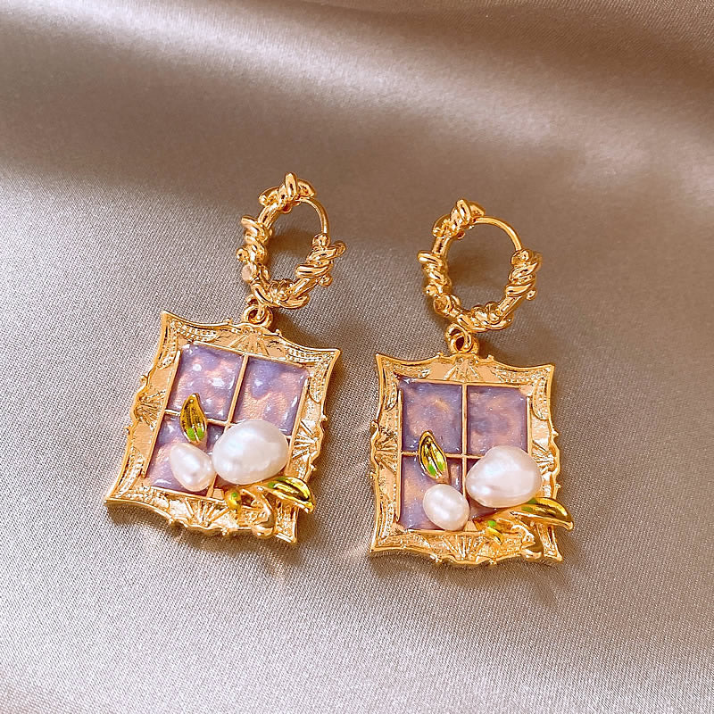 Gempoetry | Medieval Monet Garden Baroque Natural Pearl Earrings Purple Oil Painting Style Frame Earrings Women's Light Luxury High End Unique Earrings