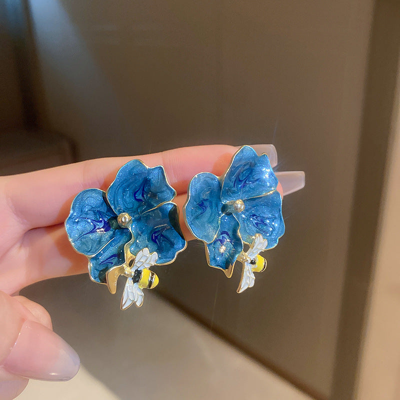 Gempoetry | Vintage silver needle painted bee flower earrings with Korean design, high-end and exaggerated earrings, new trendy earrings for women