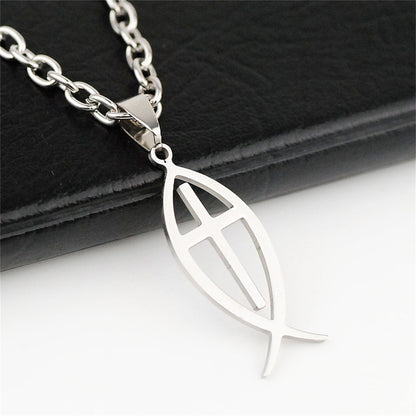 Gempoetry | Stainless steel single-sided polished fish shaped pendant necklace, cross fish shaped pendant, hot selling in stock