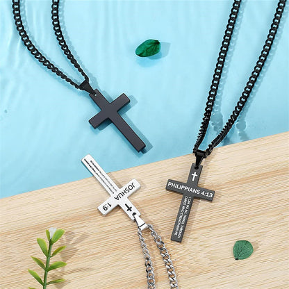 Gempoetry | Cross necklace stainless steel black/steel melon seed buckle engraved necklace