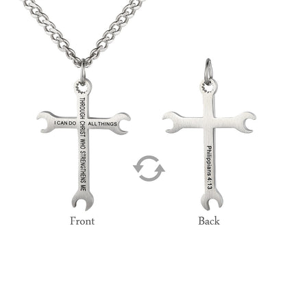 Gempoetry | Stainless steel wrench cross necklace I CAN DO ALL THINS pendant necklace