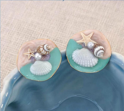 Gempoetry | Sweet vacation style, cute starfish, conch shell earrings, niche design, sweet drip oil alloy earrings, summer new style