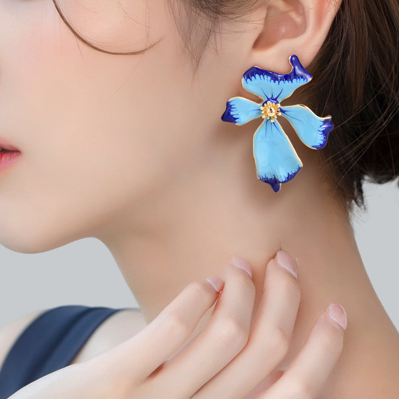 Gempoetry | Medieval enamel drip glaze flower water mist iris blue earrings French retro exaggerated earrings light luxury socialite temperament big brand cold style earrings for women