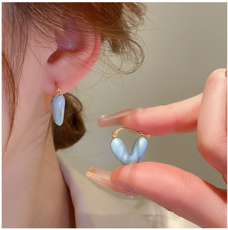 Gempoetry | Oil painting inspired blue heart-shaped drop glaze ear clip with high-end feel, women's minimalist earrings, new earrings