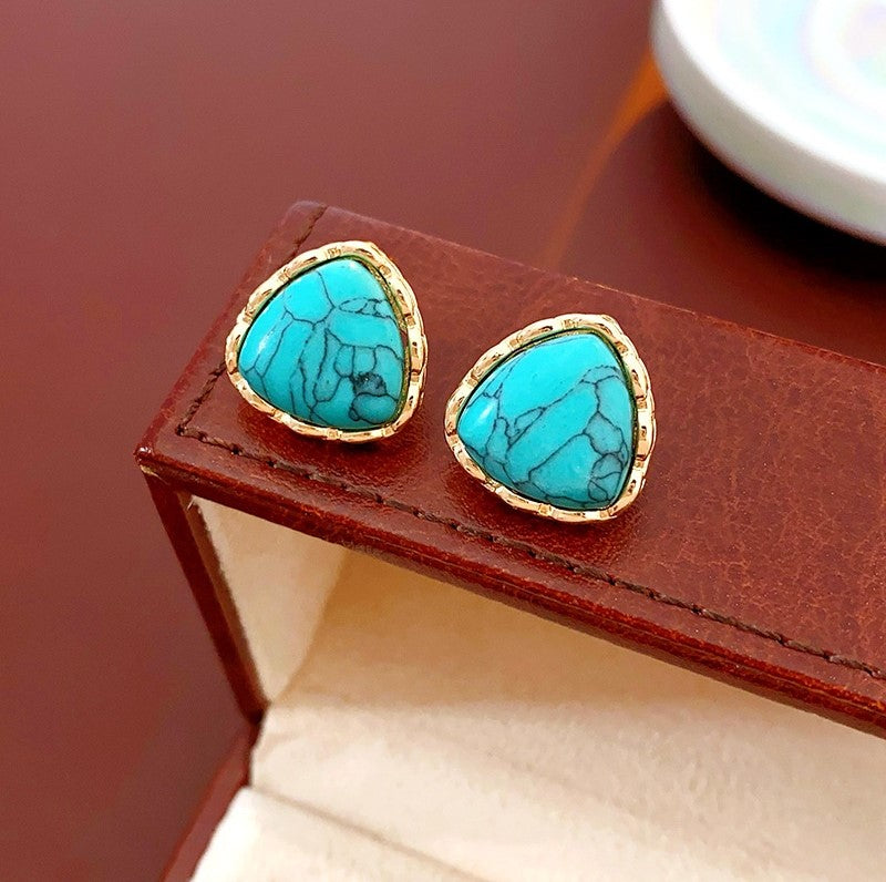 Gempoetry |Vintage silver needle turquoise geometric earrings with vintage ethnic style, versatile and high-end earrings for women