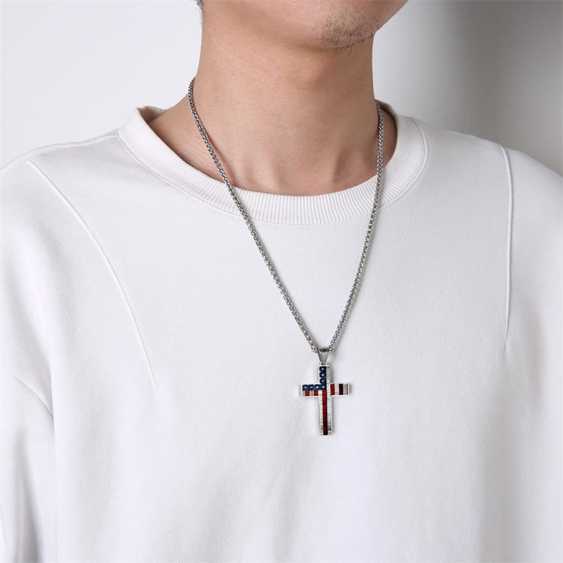 Gempoetry | Stainless steel national flag cross pendant necklace, neutral and fashionable titanium steel necklace