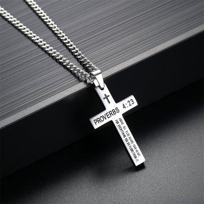 Gempoetry | Cross necklace stainless steel black/steel melon seed buckle engraved necklace