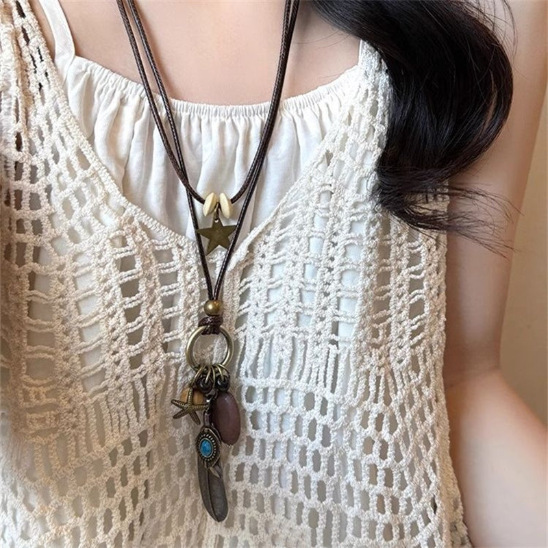 Gempoetry |Vintage multi pendant necklace, ethnic storm, West Asia fashion accessories, feather leather rope, personalized sweater chain