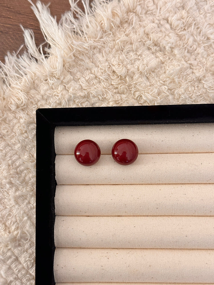 Gempoetry | Silver Needle Ankela Red Round Drop Glazed Bean Earrings, niche fashion temperament earrings, Hong Kong style minimalist retro earrings