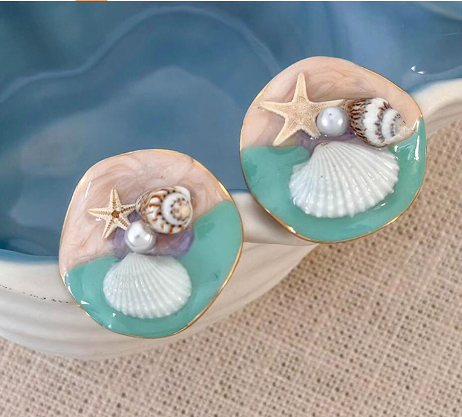 Gempoetry | Sweet vacation style, cute starfish, conch shell earrings, niche design, sweet drip oil alloy earrings, summer new style