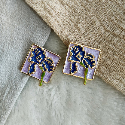 Gempoetry | Vintage enamel purple square drip flower retro court earrings with high-end Hong Kong style temperament earrings for women