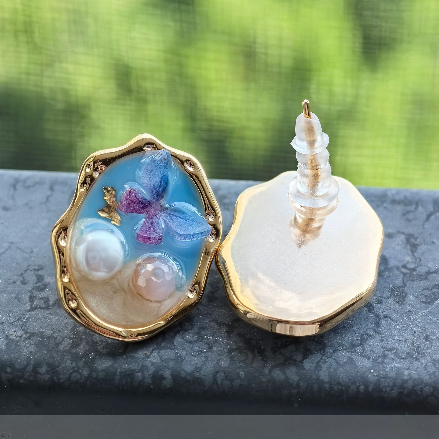 Gempoetry | Middle aged oil painting butterfly new freshwater pearl pure silver earrings Monet garden style earrings