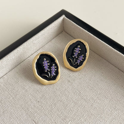 Gempoetry | Hepburn style retro black drop glazed purple lavender flower earrings, vintage painted vintage new explosive earrings, light luxury high-end temperament earrings