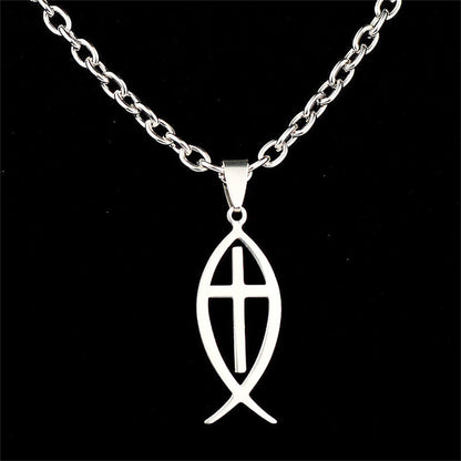 Gempoetry | Stainless steel single-sided polished fish shaped pendant necklace, cross fish shaped pendant, hot selling in stock