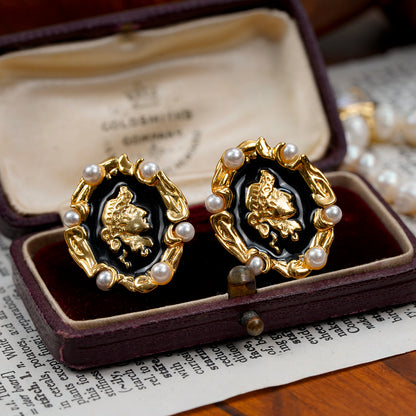 Gempoetry | Vintage French Vintage Baroque Portrait Relief Earrings with Hepburn Fragrance Pearl Earrings