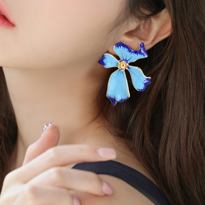 Gempoetry | Medieval enamel drip glaze flower water mist iris blue earrings French retro exaggerated earrings light luxury socialite temperament big brand cold style earrings for women