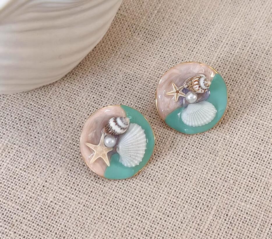 Gempoetry | Sweet vacation style, cute starfish, conch shell earrings, niche design, sweet drip oil alloy earrings, summer new style