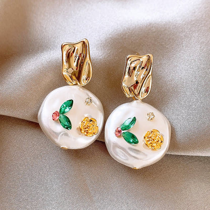 Gempoetry | Middle French enamel Monet Garden Baroque pearl earrings for women with a niche design and unique temperament, high-end earrings, light luxury earrings