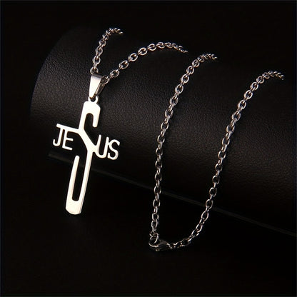 Gempoetry | Stainless steel cross letter Bible men's necklace hollow pendant, prayer gift for friends in stock