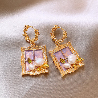 Gempoetry | Medieval Monet Garden Baroque Natural Pearl Earrings Purple Oil Painting Style Frame Earrings Women's Light Luxury High End Unique Earrings