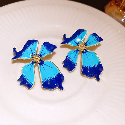 Gempoetry | Medieval enamel drip glaze flower water mist iris blue earrings French retro exaggerated earrings light luxury socialite temperament big brand cold style earrings for women