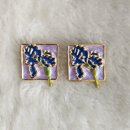 Gempoetry | Vintage enamel purple square drip flower retro court earrings with high-end Hong Kong style temperament earrings for women