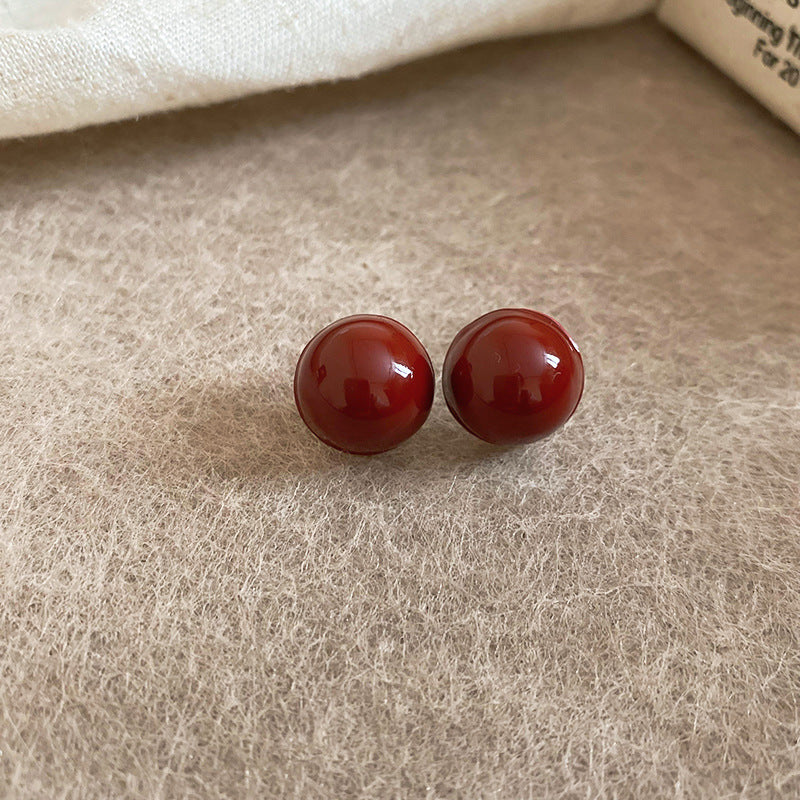 Gempoetry | Silver Needle Ankela Red Round Drop Glazed Bean Earrings, niche fashion temperament earrings, Hong Kong style minimalist retro earrings