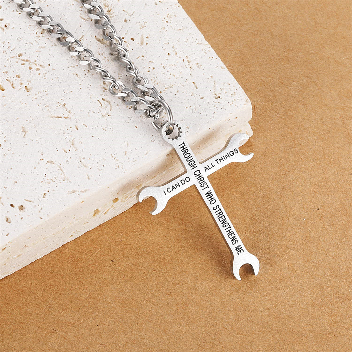 Gempoetry | Stainless steel wrench cross necklace I CAN DO ALL THINS pendant necklace