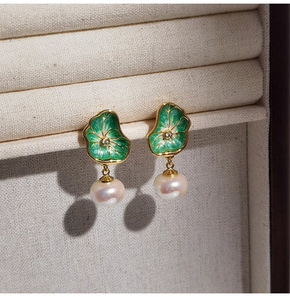 Gempoetry | Vintage Lotus Leaf Pearl Earrings with Enamel Light Luxury and High Quality Charm Earrings and Earrings