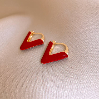 Gempoetry | Ankela red drop glazed V-shaped letter earrings, retro Hong Kong style ear clasps, European and American light luxury temperament, high-end feeling earrings