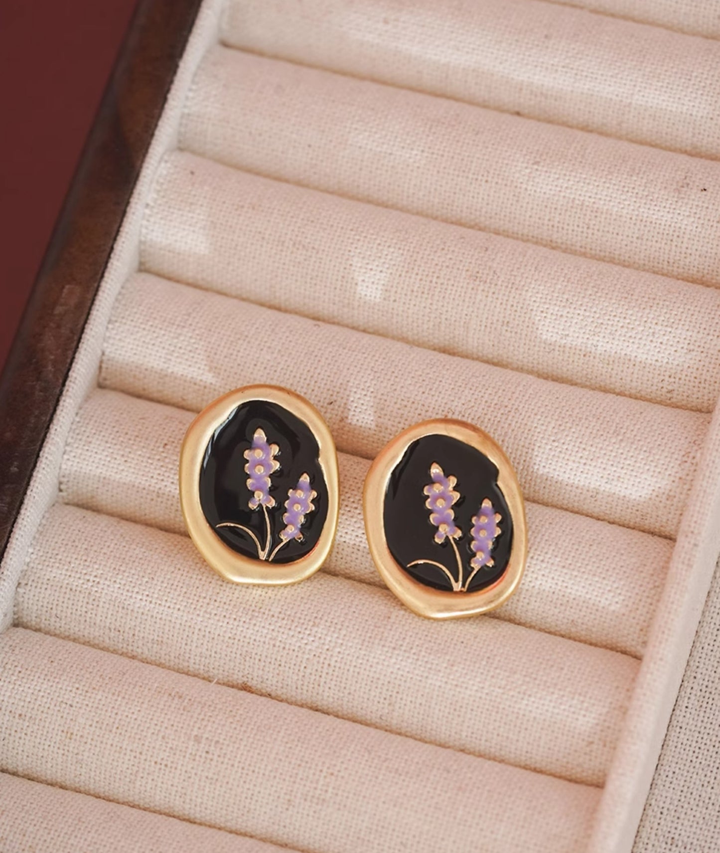 Gempoetry | Hepburn style retro black drop glazed purple lavender flower earrings, vintage painted vintage new explosive earrings, light luxury high-end temperament earrings