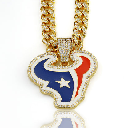 Gempoetry | NFL Houston Texans fashion red and blue oil dripping NFL football team pendant necklace men's hip-hop versatile full diamond Cuban chain