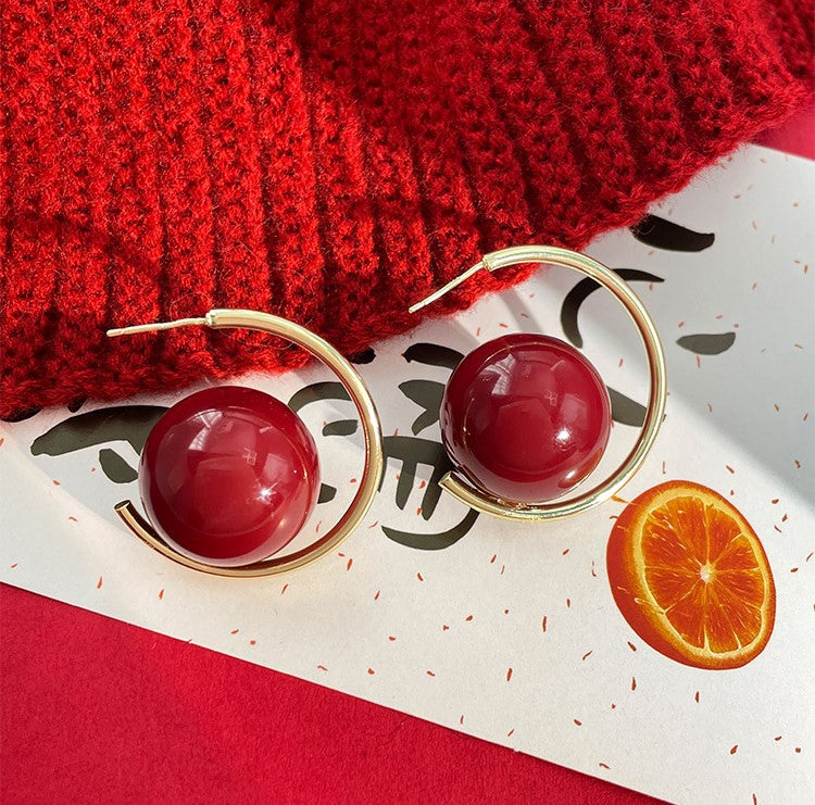 Gempoetry | Temperament Hong Kong style Anchorage red pearl earrings, new explosive style, exaggerated and unique, light luxury ear hanging