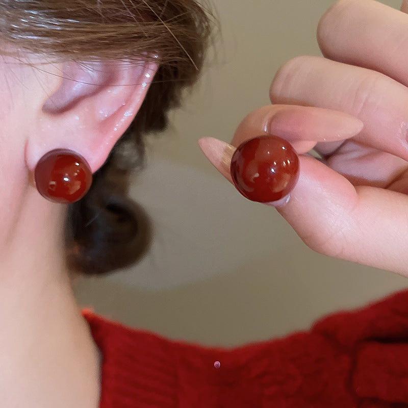 Gempoetry | Silver Needle Ankela Red Round Drop Glazed Bean Earrings, niche fashion temperament earrings, Hong Kong style minimalist retro earrings