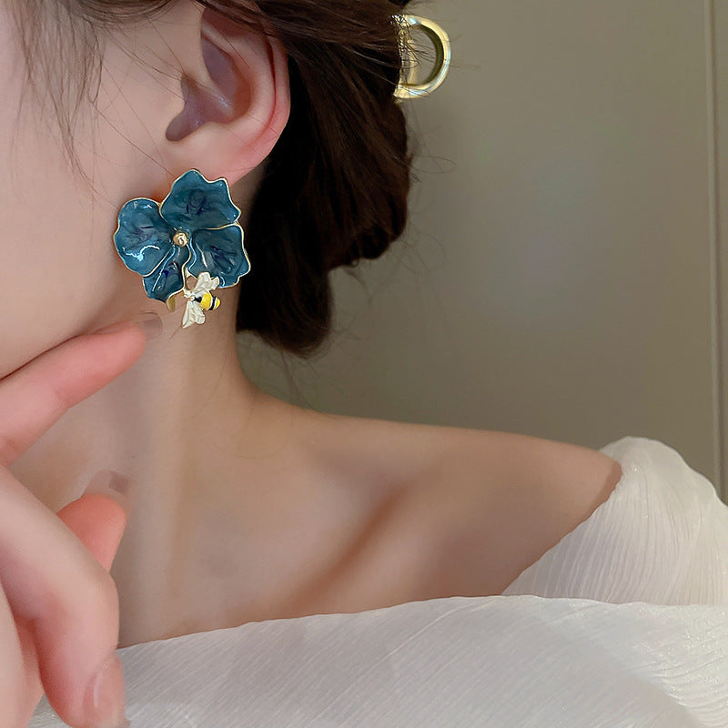 Gempoetry | Vintage silver needle painted bee flower earrings with Korean design, high-end and exaggerated earrings, new trendy earrings for women