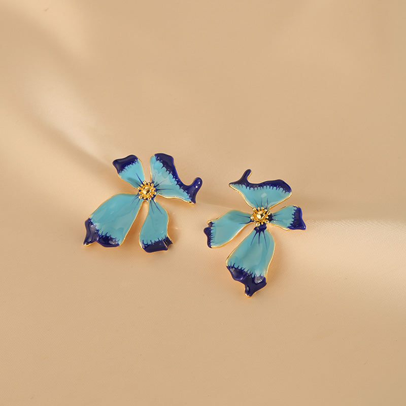 Gempoetry | Medieval enamel drip glaze flower water mist iris blue earrings French retro exaggerated earrings light luxury socialite temperament big brand cold style earrings for women