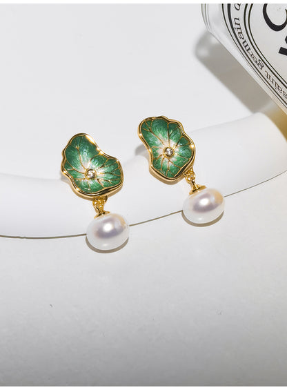 Gempoetry | Vintage Lotus Leaf Pearl Earrings with Enamel Light Luxury and High Quality Charm Earrings and Earrings