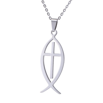 Gempoetry | Stainless steel single-sided polished fish shaped pendant necklace, cross fish shaped pendant, hot selling in stock