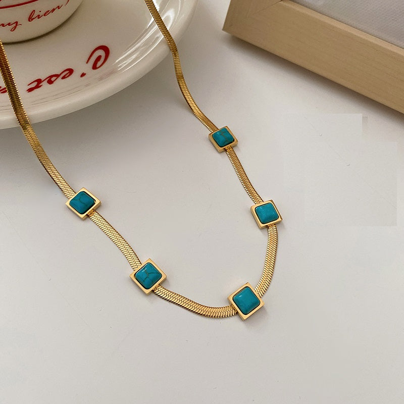 Gempoetry | Titanium steel blue square metal necklace, light luxury, niche design, collarbone chain, simple and cool style, temperament necklace