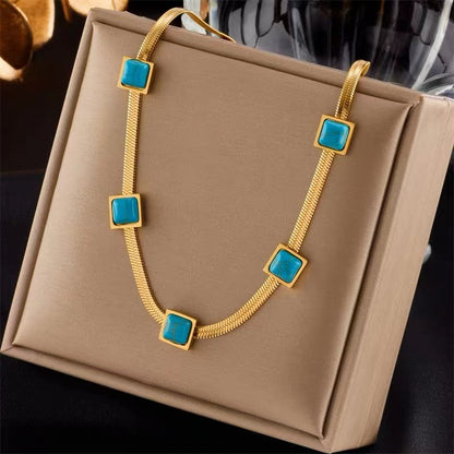 Gempoetry | Titanium steel blue square metal necklace, light luxury, niche design, collarbone chain, simple and cool style, temperament necklace