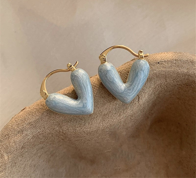 Gempoetry | Oil painting inspired blue heart-shaped drop glaze ear clip with high-end feel, women's minimalist earrings, new earrings