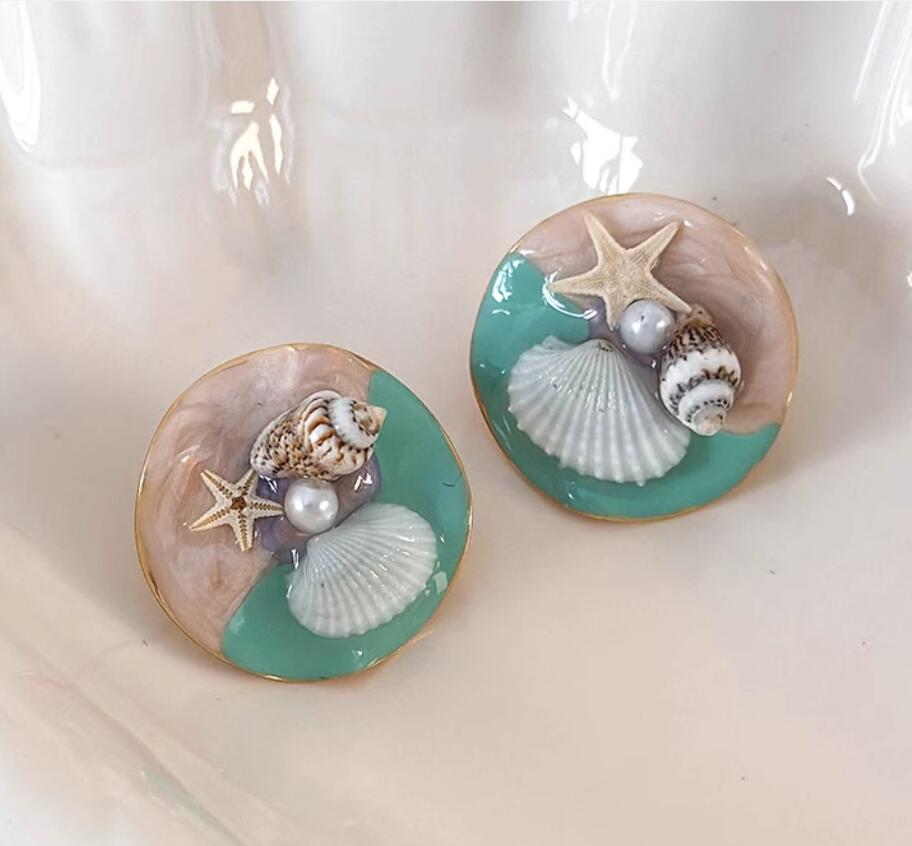 Gempoetry | Sweet vacation style, cute starfish, conch shell earrings, niche design, sweet drip oil alloy earrings, summer new style