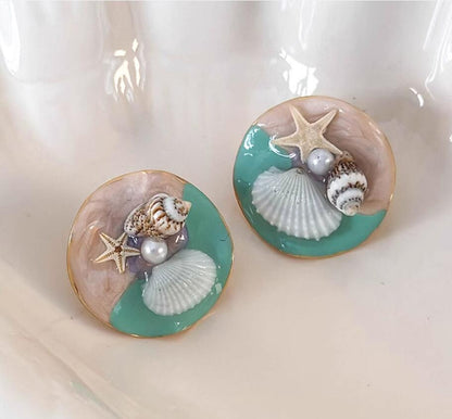 Gempoetry | Sweet vacation style, cute starfish, conch shell earrings, niche design, sweet drip oil alloy earrings, summer new style