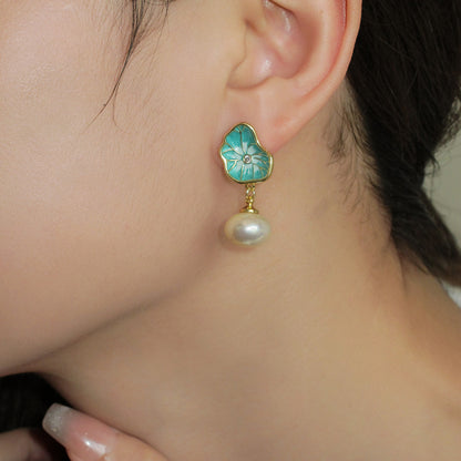 Gempoetry | Vintage Lotus Leaf Pearl Earrings with Enamel Light Luxury and High Quality Charm Earrings and Earrings