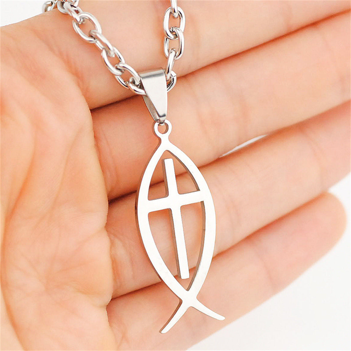 Gempoetry | Stainless steel single-sided polished fish shaped pendant necklace, cross fish shaped pendant, hot selling in stock