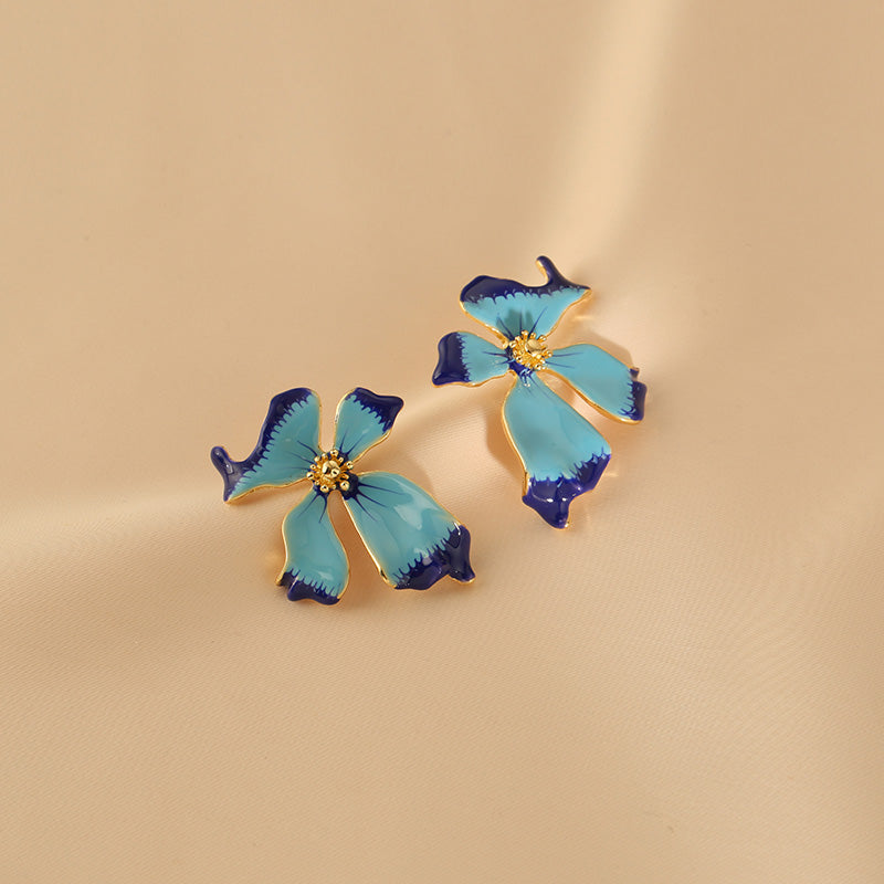 Gempoetry | Medieval enamel drip glaze flower water mist iris blue earrings French retro exaggerated earrings light luxury socialite temperament big brand cold style earrings for women